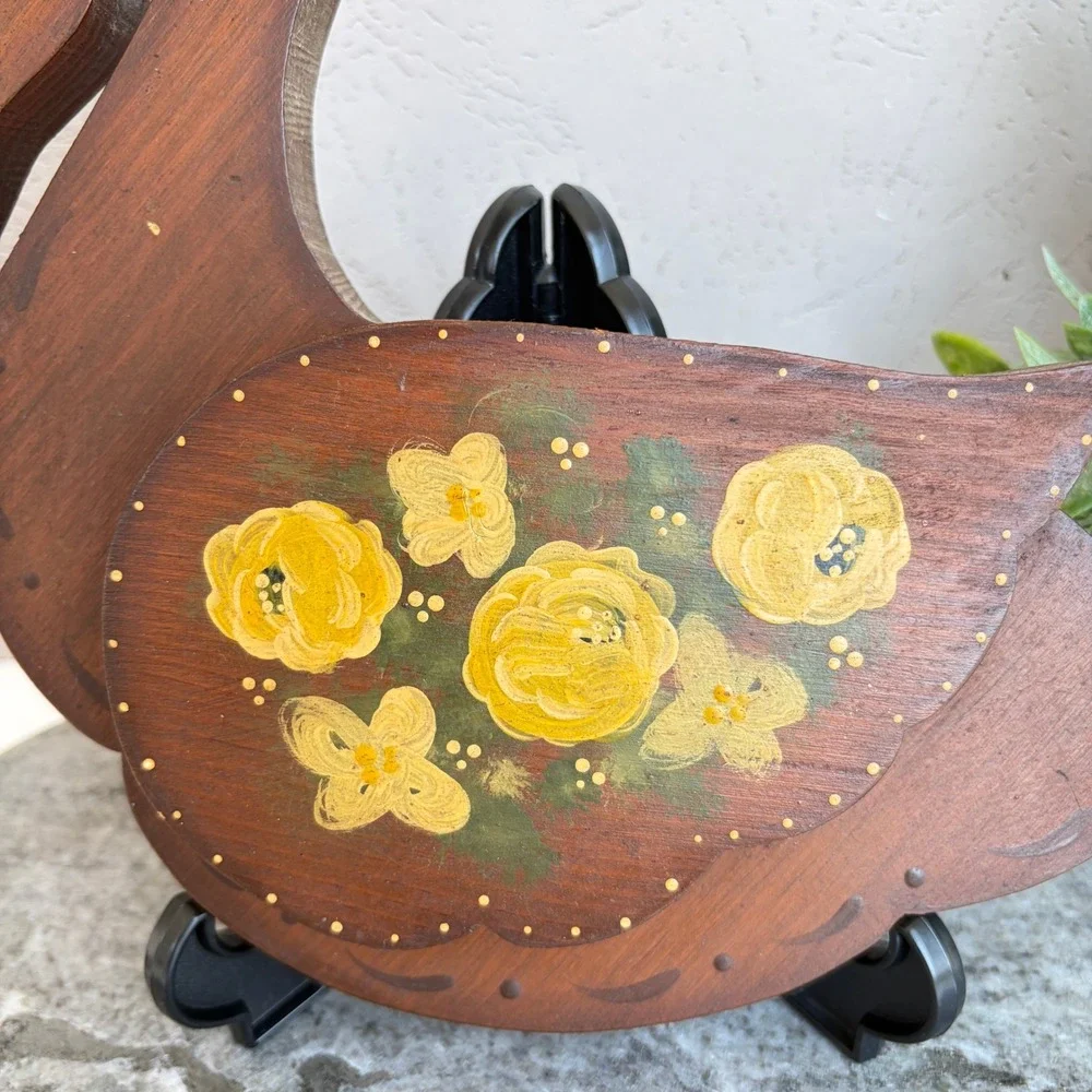 Vintage Hand Painted Wooden Swan Wall Decor Folk Art Yellow Floral 9 Inch
